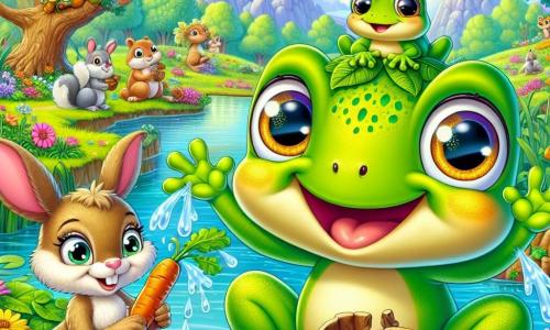 No centro da imagem, Fred, a rã alegre, está sentado à beira de uma pequena lagoa, com olhos brilhantes de felicidade e um grande sorriso. Sua pele é de um verde vibrante, salpicada de pequenas manchas amarelas, e ele usa um chapéu feito de folhas. Ele está pulando de alegria, espirrando água ao seu redor. Ao lado dele, Lila, a coelhinha vaidosa, está esculpindo uma cenoura de barro, com suas grandes orelhas em pé e um sorriso travesso. Ela tem pelagem marrom claro e olhos vivos que brilham de excitação. Um pouco mais longe, Tico, o esquilo, está empoleirado em um galho, segurando uma noz nas patas, pronto para aplaudir, com sua cauda peluda para cima. A cena ocorre à beira de uma magnífica lagoa cercada por árvores de folhas coloridas, com flores vibrantes ao redor da água. O céu é de um azul radiante, salpicado de algumas nuvens brancas, e um arco-íris aparece após uma leve chuva. A situação principal mostra Fred e seus amigos celebrando sua exposição de arte improvisada, rindo e dançando sob a chuva, criando uma atmosfera alegre e festiva, cheia de cores e boa disposição.