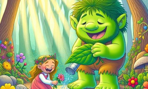 Um troll chamado Trolly, grande e forte, com pele verde e olhos suaves, está no centro da imagem, sorrindo alegremente enquanto rega flores coloridas com água de uma grande folha. Ao seu lado, Lila, uma menina de 8 anos com cabelos dourados e olhos brilhantes, está ajoelhada, rindo e segurando outra folha cheia de água, pronta para regar uma planta. O cenário é um magnífico bosque mágico, com árvores majestosas e flores vibrantes de todas as cores, enquanto um suave raio de sol filtra através das folhas, iluminando a cena. A situação principal mostra Trolly e Lila trazendo vida a um lugar antes seco, enchendo o jardim do troll de alegria e cores, simbolizando sua amizade e a magia da natureza.