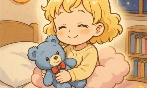 Fetiță de 4 ani cu față rotundă, obraji roz, ochi mari și strălucitori, păr blond buclat și zâmbet blând, ținând în pat un ursuleț de pluș albastru cu fundiță roșie; camera de noapte confortabilă, pereți crem, pătură roz pal cu stele, veioză portocalie în formă de lună, raft cu cărți și fereastră spre cer înstelat; scena: fetița adoarme zâmbind, cu ochii semiînchiși, învăluită într-un halo de vis, plutind ușor pe un nor roz deasupra patului, atmosferă caldă și liniștitoare.