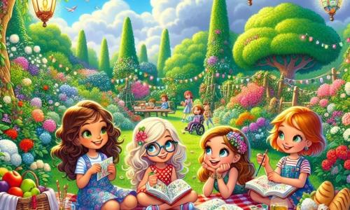 In un bel giardino verde, tre bambini si sono riuniti per un picnic sotto un cielo blu punteggiato di nuvole bianche. Sofia, una bambina di sette anni con capelli castani ondulati e un grande sorriso, è seduta su una coperta a quadri rossi e bianchi, tenendo un quaderno pieno di disegni. Accanto a lei, Giulia, una bambina vivace di sette anni con capelli biondi e occhiali colorati, sta dipingendo un quadro del paesaggio con colori vivaci. Clara, una bambina di sette anni in sedia a rotelle, con capelli castani e occhi brillanti, ride raccontando una storia avvincente, circondata dalle sue amiche. Il giardino è pieno di fiori colorati, grandi alberi che offrono ombra e lanterne scintillanti appese ai rami. Una tavola di legno è carica di deliziosi panini, frutta fresca e biscotti fatti in casa, creando un'atmosfera gioiosa e conviviale. I bambini condividono risate e storie, godendo della loro amicizia e della magia dell'estate, mentre il sole brilla dolcemente, illuminando i loro volti felici.