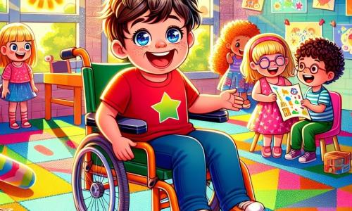A 6-year-old boy named Ben is sitting in his wheelchair, with a big joyful smile on his face. He has messy brown hair and is wearing a bright red t-shirt with stars. His eyes shine with excitement as he looks at his new friends. Next to him, a 6-year-old boy named Jack, with blond hair and glasses, is laughing while holding a colorful treasure map. He leans towards Ben, inviting him to play together. Not far from them, a 6-year-old girl named Ella, with curly hair and a pink dress, smiles shyly, watching the two boys with curiosity. The scene takes place in a bright classroom filled with colorful drawings on the walls and a large geometric-patterned rug. Sunlight streams through the windows, illuminating the children's faces. In this illustration, Ben, Jack, and Ella are playing together, surrounded by toys and books, sharing a moment of joy and friendship, while laughter fills the air.
