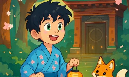 Haruto, een veertienjarig jongen met rommelig zwart haar en nieuwsgierige ogen, staat voor een oude tempel, zijn gezicht verlicht door verwondering en vastberadenheid. Hij draagt een lichtblauwe kimono met bloesempatronen en houdt een kleine papieren lamp in zijn hand. Naast hem kijkt een ondeugende vos met een gouden vacht en ondeugende ogen naar hem, zijn pluizige staart vrolijk wiegend. De vos lijkt klaar om hem op avontuur te vergezellen, staande op een met mos bedekte steen. De omgeving is een betoverd bos met majestueuze bomen met dikke stammen, hun takken vol met roze en witte bloemen die zachtjes vallen als sneeuw. Het zonlicht filtert door het loof en creëert dansende schaduwen op de met bladeren bedekte grond. De belangrijkste situatie toont Haruto, verwonderd, terwijl hij de deur van de oude tempel ontdekt, versierd met mysterieuze symbolen, terwijl lichtflitsen om hem heen schitteren, wat de magie oproept die hem omringt.