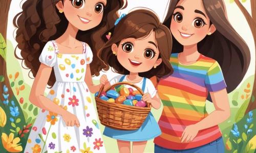 Una niña de 5 años, Valentina, con grandes ojos brillantes y cabello rizado castaño, sonríe alegremente mientras sostiene una canasta llena de piedras de colores y hojas. Lleva un vestido ligero con estampados florales y sandalias, y su expresión irradia felicidad y emoción. A su lado, su mamá, una mujer de unos 30 años con cabello largo y liso, vestida con una camiseta colorida y jeans, la anima con una sonrisa cálida. Está arrodillada junto a Valentina, ayudándola a examinar sus tesoros encontrados en el jardín. El jardín es un lugar encantador, lleno de flores brillantes de todos los colores, pequeños árboles verdes y un cielo azul claro salpicado de nubes blancas. Mariposas vuelan a su alrededor, añadiendo un toque de magia al entorno. La escena principal muestra a Valentina y su mamá buscando tesoros en el jardín, Valentina riendo de alegría al descubrir piedras brillantes y hojas, creando recuerdos preciosos juntas.