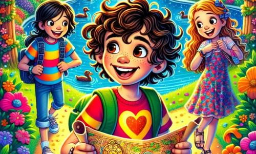 Un niño de 11 años, llamado Nicolás, está en el centro de la imagen, con cabello rizado y castaño, una gran sonrisa en su rostro y ojos brillantes de emoción. Lleva una camiseta colorida con un diseño de corazón y un short de mezclilla, sosteniendo un mapa del tesoro en sus manos, listo para guiar a sus amigos en una aventura mágica. A su derecha, Clara, una niña de 11 años con cabello dorado y largo, lee una nota con ojos desorbitados de sorpresa y alegría. Lleva un vestido ligero con flores y sandalias, inclinándose ligeramente hacia adelante, cautivada por la aventura que les espera. Al fondo, Lucas, un niño de 12 años con cabello castaño y una figura atlética, está listo para correr, con una gran sonrisa en el rostro. Lleva una camiseta roja y un short, con los brazos cruzados, mostrando una actitud entusiasta. El escenario se desarrolla junto a un lago brillante, rodeado de árboles florecidos de colores vivos, con patos nadando pacíficamente. Flores coloridas bordean el camino, y el cielo es de un azul brillante, salpicado de nubes blancas y esponjosas. Nicolás, Clara y Lucas se preparan para comenzar una búsqueda de San Valentín, con corazones flotantes alrededor de ellos, simbolizando la amistad y el amor, mientras una suave brisa hace bailar las flores y las hojas.