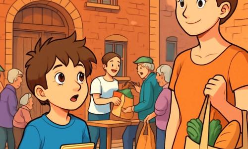 A 12-year-old boy, Ethan, with messy brown hair and curious eyes, looks on with an expression of wonder and compassion. He is wearing a blue t-shirt and beige shorts, holding a notebook in his hands. Next to him is a woman in her thirties, his mother, with her brown hair tied up in a bun and a warm smile, watching the scene while holding a grocery bag. They are in front of an old building made of red bricks, featuring a large wooden door and worn shutters, where a line of people waits patiently. The place is lively, with smiling volunteers distributing colorful food bags. The main scene shows Ethan, fascinated, observing the interactions between the volunteers and the people receiving help, realizing the importance of solidarity and mutual aid in his community.