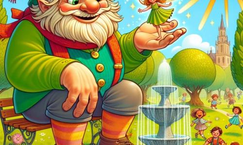 In a sunny park, a giant named Gus, with a warm smile, is sitting on a wooden bench, his enormous hands resting on his knees. He wears a bright green hat and a red scarf that gently flutter in the breeze. His bright eyes reflect curiosity and kindness. Next to him, a small fairy named Twinkle, with sparkling wings and a dress made of flower petals, joyfully flies around him. She has a mischievous face and golden hair that shines like stars. In the background, the park is filled with colorful flowers, majestic trees, and a beautiful fountain sparkling in the sun. Children are playing and laughing, adding to the joyful atmosphere. The scene shows Gus and Twinkle discovering the secret of a dry fountain, while magical bursts of light begin to emerge around them, symbolizing the adventure that awaits.