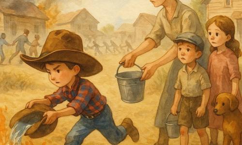 Un giovane cowboy, Billy, in primo piano con volto determinato, cappello marrone troppo grande, camicia a quadri rossa e blu e stivali impolverati versa acqua da un vecchio cappello sulle basse fiamme; accanto a lui una donna del villaggio con capelli raccolti e maniche rimboccate passa un secchio, dietro di lei un ragazzo di circa 8 anni con berretto e ginocchia sbucciate porta un piccolo secchio e osserva coraggioso, una bambina di circa 6 anni tiene la mano di un cane marrone e guarda le fiamme; sullo sfondo altri paesani formano una catena di secchi; villaggio polveroso dell'Ovest con case di legno dalle vernici scrostate, un ruscello a sinistra, erba secca e cespugli, fumo grigio che si alza nel cielo; scena di lotta collettiva contro un incendio d'erba, fiamme arancioni e gialle basse, spruzzi d'acqua sul terreno secco; atmosfera d'urgenza e solidarietà, stile acquerello morbido con colori caldi per il fuoco e toni terrosi, tratti leggeri e texture cartacee, composizione centrata su Billy e sulla catena umana.