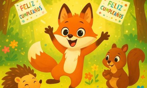 Un joven zorro de pelaje rojizo y brillante, con grandes ojos brillantes de alegría, baila en el centro de un claro soleado, rodeado de flores multicolores. Su expresión está llena de emoción y felicidad, mientras levanta las patas en el aire, listo para celebrar su cumpleaños. A su derecha, una pequeña ardilla de ojos vivos y pelaje marrón sonríe sosteniendo una nuez en sus patas, lista para unirse a la fiesta. A la izquierda, un erizo de púas doradas, con una expresión divertida, rueda por el suelo riendo, sumando a la atmósfera alegre. El lugar es un hermoso claro del bosque, bañado en luz dorada, con majestuosos árboles rodeando al grupo y luciérnagas brillando en el aire. Guirnaldas de hojas y flores cuelgan de las ramas, creando un ambiente festivo. La escena principal muestra al zorro y sus amigos bailando y riendo juntos, celebrando alegremente su cumpleaños, con invitaciones coloridas flotando a su alrededor, llevadas por el viento.