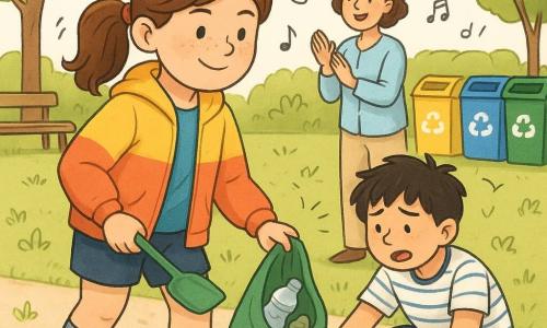Bambina di 10 anni, volto tondo con lentiggini, capelli castani raccolti in coda, giacca colorata e ortesi alla gamba destra, con paletta di plastica e sacco per rifiuti, raccoglie determinata una bottiglia di plastica; vicino a lei, bambino di circa 9 anni, genuflesso, capelli neri spettinati, t‑shirt a righe, affaticato ma riconoscente mentre raccoglie sacchi caduti; alle loro spalle, insegnante di circa 30 anni, capelli corti e ricci, camice chiara, applaude e indica i bidoni della raccolta differenziata; ambientazione: parco della scuola soleggiato con prato, sentiero ghiaioso, alberi, panchina e bandierina colorata; situazione: staffetta per raccogliere rifiuti trasformata in momento di solidarietà, scena dinamica, colori vivaci e piccoli doodle gioiosi (foglie, note musicali, cuori).