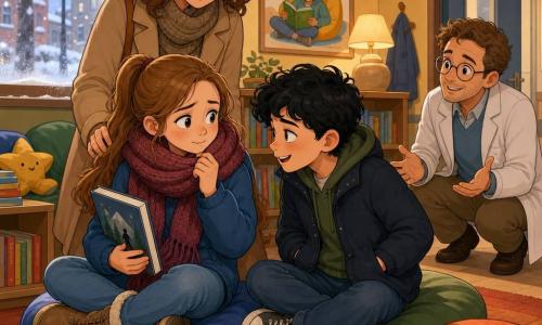 Niña de 12 años de rostro redondo y cabello castaño claro recogido en una cola, expresión a la vez inquieta y apacible, sentada en un gran cojín azul sosteniendo un libro de aventuras con una mano y ajustando su gruesa bufanda con la otra; a su lado un niño de unos 11 años de cabello corto y rizado negro, mirada curiosa y traviesa, sentado en un cojín verde con las manos en los bolsillos e inclinado como para susurrarle una broma; detrás, la madre de 35–40 años con abrigo beige, mano en el hombro de la niña y sonrisa suave; al fondo, un médico de unos 40 años con gafas redondas y chaqueta clara, agachado a la altura de los niños con las manos abiertas en gesto tranquilizador; sala de espera de un centro de salud con ventana empañada que muestra la calle nevada, estanterías bajas con libros coloridos, cojines multicolores sobre una alfombra cálida, cartel 