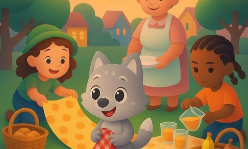 O personagem principal é um pequeno lobo antropomórfico chamado Léo, pelagem cinza-claro com manchas brancas, sorridente e segurando uma toalha xadrez vermelha e branca rumo à manta de piquenique; à esquerda, a menina Luca, cabelos castanhos encaracolados e chapéu verde, desenrola uma manta de bolinhas e ajuda com cestas; à direita, um rapaz de tranças e pele bronzeada serve suco em copos transparentes perto de uma cesta de frutas; atrás, Dona Rosa, adulta de cabelo grisalho preso em coque e avental em tons pastéis, arruma pratos orgulhosa; cenário: parque de vila ao crepúsculo com relva verde, árvores estilizadas, casas coloridas, guirlandas de luzes de papel e céu alaranjado; piquenique coletivo de partilha com cestas abertas contendo biscoitos, frutas e utensílios, atmosfera calorosa, cores vivas e formas simples, composição centrada em Léo que reúne o grupo.