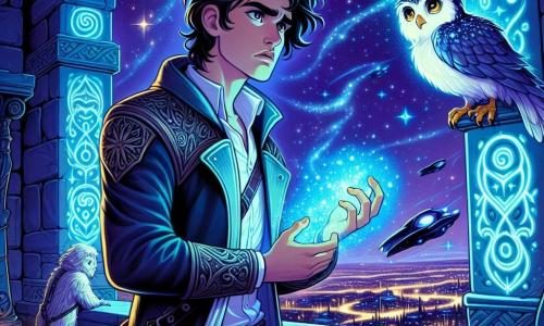 Orion Blackstar, a young man with hair as black as space and eyes shining like stars, stands on the balcony of his imposing fortress. His face shows a mix of determination and worry as he holds a blue glow in his hand, a symbol of his magic. Beside him, a small winged creature, a shimmering owl with silver feathers, watches him with wise eyes, ready to assist him in his quest. The balcony is lined with ancient stones adorned with glowing runes, overlooking a futuristic city with flickering lights, where dark spaceships float in the starry sky. The scene is filled with tension as Orion prepares to make a crucial choice, contemplating three glowing portals before him, each promising a different adventure in enchanted worlds.
