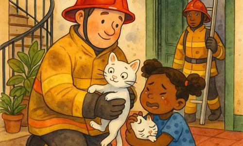 Un bombero sonriente y serio, casco rojo brillante, chaqueta amarilla reflectante con algo de hollín, rostro redondo, barba corta y mirada amable, sostiene en brazos a un pequeño gato blanco de ojos grandes y confiados; una niña de unos 7 años, pelo castaño en coletas y vestido azul de lunares, arrodillada junto al bombero, abraza al gato llorando de alivio; un compañero bombero de unos 30 años, casco y escalera detrás, con el rostro concentrado, junto a la puerta del edificio listo para ayudar; lugar: recibidor con escalera de caracol y paredes crema manchadas de humo, plantas en el rellano y suelo de baldosas rojo oscuro; situación: el bombero acaba de encontrar el gato perdido en el rellano y se lo devuelve a la niña; ambiente cálido y reconfortante, rayos de sol suaves, humo disipándose, gestos tiernos y el equipo al fondo listo para marcharse.