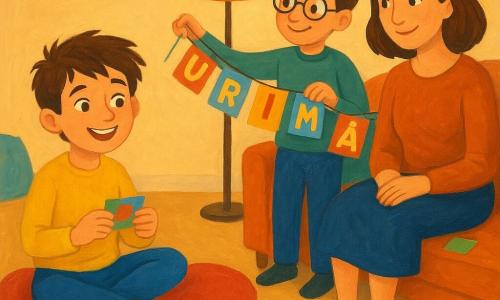 Un băiat de 10 ani, cu părul brun ciufulit și ochi sclipitori de bucurie, stă pe un covor moale în formă de inimă. Ține un bilet colorat în mâini. Lângă el, un alt băiat de 10 ani, cu ochelari rotunzi și un zâmbet ștrengăresc, agață o ghirlandă de cuvinte în jurul unei lămpi. O femeie de treizeci și ceva de ani, cu păr castaniu și o privire emoționată, stă pe o canapea, înconjurată de bilete multicolore. Scena are loc într-un living primitor, cu pereți în culori pastel și perne colorate împrăștiate. Situația principală arată o atmosferă de sărbătoare intimă, unde fiecare detaliu emană dragoste și creativitate copilărească.