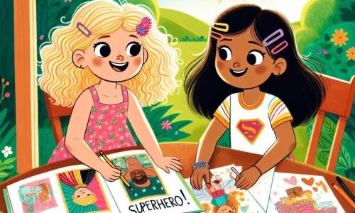 Twee meisjes, Tessa en Noor, van 10 jaar oud, staan centraal op de afbeelding. Tessa heeft krullend blond haar en draagt een roze jurk met bloemenpatronen, terwijl Noor steil zwart haar heeft en een kleurrijk t-shirt draagt met clips in haar haar. Ze zitten aan een grote houten tafel in een zonnige tuin, omringd door groene bladeren en kleurrijke bloemen. De tuin is vol met stralende bloemen, met vlinders die rondvliegen en een heldere blauwe lucht op de achtergrond. Op de tafel liggen kleurpotloden, papier, lijm en glitter, wat getuigt van hun creatieve activiteit. De twee meisjes werken samen aan een stripboek over superhelden dat ze hebben gemaakt voor Vaderdag, met stralende glimlachen op hun gezichten. Tessa laat trots een illustratie van haar vader als superheld zien, terwijl Noor details aan haar eigen pagina toevoegt, wat een vrolijke en fantasierijke sfeer creëert.
