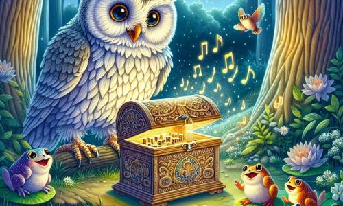 A majestic owl named Oliver, with soft silver feathers, perches on a tree branch, his large eyes shining with wonder and curiosity. He keenly observes a mysterious wooden music box, adorned with delicate patterns, emitting a soft golden light and resonating with an enchanting melody. Nearby, a group of colorful frogs, their sparkling eyes filled with excitement, gather on lily pads, their little legs twitching in anticipation. They sing in unison, their faces reflecting both joy and amazement at the magic of the moment. The scene unfolds in an enchanted glade, bathed in silvery moonlight and surrounded by majestic trees with shimmering leaves. Luminous flowers grow around, adding splashes of color to the night’s darkness. Oliver approaches the music box, intrigued by its mysterious laughter, while the frogs cheer him on with their joyful songs, creating an atmosphere that is both magical and slightly eerie.