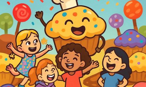 There are 4 children: - Mia: a 9-year-old girl with curly brown hair, wearing a pink t-shirt and denim shorts. She stands in the center with her arms outstretched and a big smile. - Zoe: a 9-year-old girl with braided blonde hair, dressed in a colorful floral dress. She is to the left of Mia, jumping for joy with stars in her eyes. - Lily: a 9-year-old girl with straight black hair, wearing a blue t-shirt and green pants. She is to the right of Mia, laughing heartily with her hands on her hips. - Emma: a 9-year-old girl with red hair in a ponytail, dressed in a purple hoodie. She is behind Mia, holding her belly while laughing, ready to fall over. The setting is a magical dimension filled with giant colorful muffins, candy trees, and chocolate rivers sparkling under a pastel blue sky. Marshmallow clouds float above them, and colorful confetti gently falls around. The main scene shows the children joyfully dancing with a giant muffin wearing a little chef's hat, all laughing together in a festive and playful atmosphere, surrounded by dancing muffins and sweet decorations.