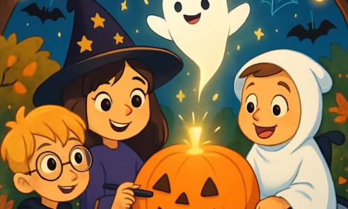 There are three characters: - Lily: a 9-year-old girl with long brown hair and sparkling eyes. She wears a black witch hat adorned with golden stars and a purple witch costume. She stands in the center, smiling, holding a marker. - Jack: a 9-year-old boy with messy blonde hair and round glasses. He is dressed as a young wizard, with a black cape and a magic wand in hand. He is to Lily's left, looking at the pumpkin with curiosity. - Sam: a 9-year-old boy in a wheelchair, with brown hair and a big smile. He wears a white sheet with holes for eyes, representing a friendly ghost. He is to Lily's right, leaning toward the pumpkin, listening attentively. The setting is an autumn garden filled with colorful leaves, featuring a large orange pumpkin on a wooden table. Twinkling fairy lights hang in the trees, and Halloween decorations like paper bats and spider webs are scattered around. The sky is a deep blue, dotted with bright stars. The main scene shows the three friends drawing a friendly face on the pumpkin, while a small sparkling light emerges from the top of the pumpkin, revealing an adorable ghost named Pippin, joyfully floating above them.