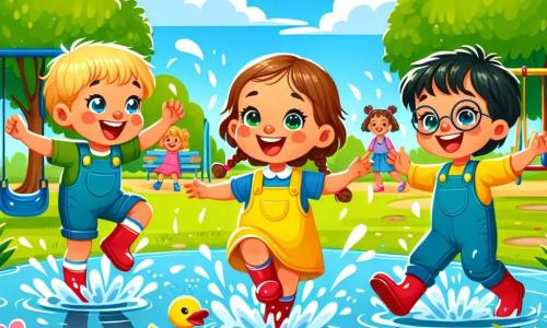 Un niño pequeño de 2 años, con cabello castaño desordenado y grandes ojos brillantes, ríe a carcajadas mientras salta en un gran charco. Lleva un overol de lluvia amarillo brillante y botas rojas, salpicando agua a su alrededor con alegría. A su lado, una niña de 4 años, Valentina, con trenzas rubias y una sonrisa radiante, levanta los brazos al aire, salpicando agua con sus botas rosas. Otro niño, Tomás, también de 4 años, con gafas redondas y cabello negro, observa un pato que nada cerca de la orilla, con aire curioso y asombrado. El escenario es un parque verde, lleno de árboles con hojas brillantes y un cielo azul claro con algunas nubes blancas. A lo lejos se pueden ver flores de colores y niños jugando en columpios. La situación principal muestra a los cuatro amigos divirtiéndose juntos en el charco, riendo y jugando como peces en el agua, creando salpicaduras a su alrededor, llenos de alegría y amistad.