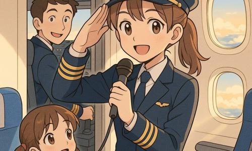 Uma mulher, a capitã Clara, sorridente e confiante, cabelos castanhos presos em rabo de cavalo, uniforme azul-marinho com galões dourados e microfone na mão, está na porta do cockpit saudando os passageiros; o copiloto João, com uniforme combinando e olhar divertido, está atrás dela com a mão num manche; uma menina de cerca de 6 anos, Sofia, olhos arregalados, vestido amarelo e cabelos castanhos em maria-chiquinhas, puxa levemente o uniforme observando maravilhada no corredor; interior do avião claro com assentos azuis e janelas redondas mostrando um vasto oceano de nuvens brancas e douradas sob luz morna da manhã; atmosfera alegre e segura, composição centrada em Clara, estilo mangá colorido com traços suaves e paleta pastel com toques de azul e amarelo.