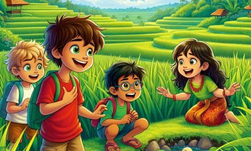 Em um magnífico campo de arrozais verdes, quatro crianças estão juntas, maravilhadas com a beleza da natureza. Pedro, um garoto de nove anos com cabelo castanho bagunçado e uma camiseta vermelha, sorri segurando uma grande folha de arroz. Ao seu lado, Sofia, uma menina de cabelos longos e loiros, veste um vestido colorido e observa fascinada um grupo de patos nadando em um pequeno riacho. Lucas, um garoto de óculos e cabelo castanho, está agachado, observando atentamente uma pequena criatura escondida entre as ervas. Finalmente, Tiago, um garoto de cabelos negros e cacheados, está de pé, com os braços levantados, imitando uma dança balinesa com um grande sorriso no rosto. O cenário é uma pintura viva: arrozais em terraços se estendem até onde a vista alcança, com tons de verde vibrante, enquanto o céu azul é salpicado de nuvens brancas e fofas. Ao longe, um templo balinês tradicional com telhados em pagode se ergue majestoso, cercado por flores coloridas e árvores tropicais. A cena principal mostra as crianças ajudando os agricultores a colher arroz, rindo e se divertindo enquanto aprendem sobre a cultura balinesa. A atmosfera é alegre e cheia de descobertas, ilustrando o espírito de aventura e amizade que os une.