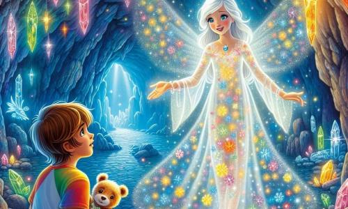 Într-o peșteră magnifică strălucitoare, plină de cristale colorate care reflectă lumina ca niște stele, se află Luminita, o fantomă binevoitoare. Are o apariție etereală, cu o rochie albă plutitoare împodobită cu motive florale luminoase. Fața ei este blândă și zâmbitoare, iar ochii ei strălucesc de o lumină caldă, exprimând bunătate și înțelepciune. Ea întinde mâna spre un băiețel, invitându-l să se apropie. Lângă ea, Andrei, un băiat de zece ani, cu părul castaniu și ochii strălucind de excitație, o privește pe Luminita cu uimire. Poartă un tricou colorat și o pereche de șorturi, ținând în brațe un urs de pluș numit Pufi, care pare aproape viu cu zâmbetul său prietenos. Peștera este iluminată de cristale multicolore care atârnă de tavan, creând o atmosferă magică și feerică. Umbrele dansează pe pereți, în timp ce picăturile de apă strălucesc ca diamante pe podea. Luminita îi explică lui Andrei importanța cristalelor și cum poate folosi magia inimii sale pentru a găsi bucuria. Andrei, captiv de cuvintele ei, ascultă cu atenție, pregătit să descopere secretele peșterii fermecate.