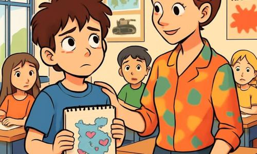 Un băiat de 10 ani, Andrei, cu ochi curioși și păr castaniu dezordonat, stă în centrul imaginii, având un aer îngrijorat și gânditor. Poartă un tricou albastru și o pereche de blugi, ținând în mâini un caiet de schițe, în care a desenat o hartă cu inimi și săgeți. Lângă el, învățătoarea sa, o femeie de aproximativ 30 de ani, cu părul castaniu prins într-un coc, îl privește pe Andrei cu un zâmbet încurajator, îmbrăcată într-o bluză colorată. În fundal, clasa este plină de birouri din lemn și postere educaționale agățate pe pereți, cu o fereastră mare care lasă să intre lumina zilei. Situația principală arată cum Andrei și învățătoarea discută despre război, în timp ce ceilalți elevi, așezați la birourile lor, îi observă cu expresii de curiozitate și îngrijorare.