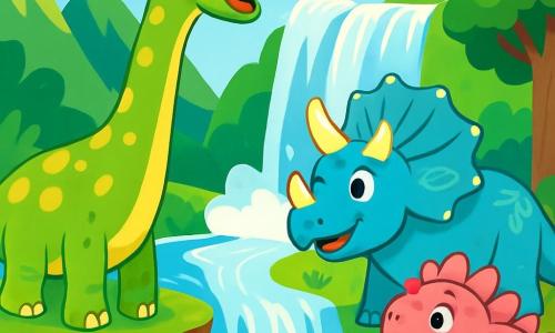 Een gigantische diplodocus met een lange nek en groen met gele vlekken staat aan de rand van een prachtige waterval. Hij heeft glanzende, nieuwsgierige ogen die zijn verwondering tonen. Naast hem kijkt een triceratops met majestueuze hoorns, een lichtblauwe huid en bladerenpatronen, met een vriendelijke glimlach naar de waterval. Een kleine stegosaurus met roze schubben staat iets verderop, met opengesperde ogen van verrassing. De omgeving is gevuld met grote groene bergen, kleurrijke bloemen en majestueuze bomen, wat een vrolijke en magische sfeer creëert. De scène toont het moment waarop de diplodocus de schoonheid van de natuur ontdekt, met een uitdrukking van vreugde en verwondering op zijn gezicht.