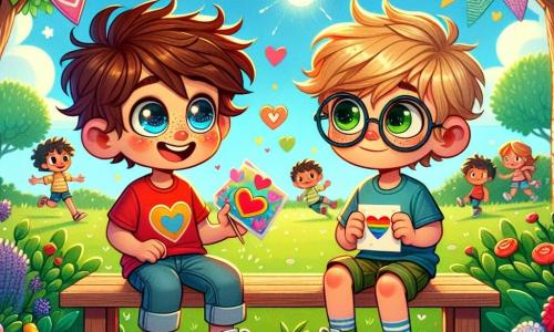 Un niño de 8 años, llamado Valentín, con cabello castaño desordenado y ojos brillantes de alegría, está sentado en un banco en un parque soleado. Lleva una camiseta roja con un corazón dibujado y un pantalón corto de mezclilla, mientras sostiene una tarjeta colorida en sus manos, mostrando una gran sonrisa entusiasta. A su lado, otro niño de 8 años, Lucas, con cabello rubio y gafas redondas, mira a Valentín con admiración. Lleva una camiseta azul y un pantalón corto verde, y sostiene una pelota de papel que acaban de hacer juntos. El parque está lleno de flores coloridas, árboles verdes y risas de niños jugando a lo lejos. El cielo es de un azul brillante, salpicado de algunas nubes blancas y esponjosas. La escena muestra a Valentín y Lucas compartiendo un momento de alegría, rodeados de tarjetas de San Valentín que han hecho, simbolizando la amistad y la creatividad, con corazones y estrellas dibujados en las tarjetas que flotan a su alrededor.