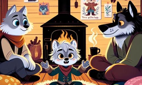No centro da imagem, um pequeno lobo chamado Lucas, com pelagem cinza e olhos brilhantes de curiosidade, expressa determinação e esperança. Ele está sentado em um tapete colorido, cercado por almofadas macias, conversando com paixão com seus pais. À sua direita, Vovó Loba, uma loba de pelagem marrom claro e olhos suaves, ouve atentamente, sorrindo compreensivamente, segurando uma xícara de chá. À sua esquerda, Papai Lobo, um lobo de pelagem preta e traços sérios, observa seu filho com expressão reflexiva, pronto para ouvir e mudar. A cena ocorre em uma cabana acolhedora de madeira, com uma lareira crepitante, paredes decoradas com desenhos de crianças e luzes suaves que criam uma atmosfera reconfortante. A situação principal mostra Lucas, com uma postura aberta, compartilhando seus sentimentos com seus pais, que estão atentos e prontos para dialogar, simbolizando a importância da comunicação e da escuta em uma família.