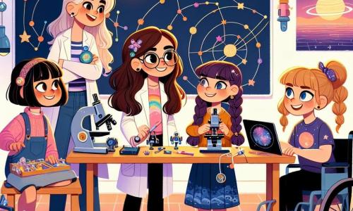 Em uma sala de aula colorida, quatro meninas estão juntas, cercadas por pôsteres de planetas e constelações. **Sofia** (menina, 10 anos) tem cabelos longos e castanhos e usa óculos redondos. Ela segura um pequeno telescópio e admira o céu estrelado projetado no teto. **Joana** (menina, 10 anos) tem cabelos curtos e cacheados, e veste um jaleco de cientista. Ela está inclinada sobre um pequeno robô, programando-o com um tablet. **Laura** (menina, 10 anos) tem cabelos loiros trançados e usa uma camiseta com desenhos de galáxias. Ela desenha estrelas em um grande quadro, sorrindo entusiasticamente. **Marta** (menina, 10 anos) usa uma cadeira de rodas e tem cabelos castanhos presos em um rabo de cavalo. Ela incentiva suas amigas com um grande sorriso, segurando um plano do projeto delas. A sala está decorada com guirlandas de papel em forma de estrelas e planetas, e um grande painel exibe o título 