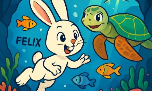 Een klein wit konijntje genaamd Felix, met grote oren en nieuwsgierige oogjes, zwemt vrolijk onder water, omringd door kleurrijke vissen die om hem heen dansen. Hij heeft een verwonderde glimlach op zijn gezicht, terwijl zijn voorpoten enthousiast bewegen. In de buurt observeert een majestueuze zeeschildpad genaamd Aqualis, met een schild versierd met glanzende patronen en wijze ogen, Felix vriendelijk. Ze lijkt kalm en aanmoedigend, terwijl ze langzaam naast hem drijft. De omgeving is een onderwatergrot, gevuld met stralende koralen en lichtstralen die door het water filteren, wat een betoverend schouwspel creëert. Algen wiegen zachtjes met de stromingen, wat de magie van de plek versterkt. De hoofdscène toont Felix die vastberaden door een smalle doorgang van de grot zwemt, terwijl hij behendig de kleurrijke koralen ontwijkt, terwijl Aqualis hem aanmoedigt met een glimlach.