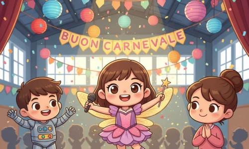 Bambina di 8 anni, volto rotondo e occhi grandi e brillanti, espressione gioiosa e fiera, in costume da fata rosa e viola con ali dorate scintillanti, fa una piroetta sul palco brandendo una piccola bacchetta luccicante e tenendo un microfono; a sinistra un bambino di circa 7 anni vestito da robot argentato sorride e applaude con le mani alzate, un po' in secondo piano; una donna adulta (mamma, circa 35 anni) con capelli castani raccolti osserva dal bordo del palco con un sorriso tenero e le mani giunte; il grande palazzetto è decorato con ghirlande multicolori, lanterne di carta e coriandoli, sullo sfondo bandiere con la scritta Buon Carnevale; scena principale: la bambina al centro sotto un caldo riflettore che fa brillare le ali, pubblico di bambini sfocato che applaude, atmosfera festosa con colori vivaci e texture scintillanti.