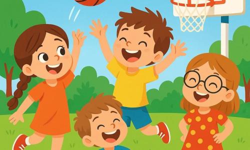 Una bambina di 6 anni, con lunghe trecce castane e un grande sorriso gioioso, sta lanciando una palla da basket rossa in aria, con gli occhi brillanti di eccitazione. Accanto a lei, un ragazzo di 6 anni di nome Leo, con i capelli arruffati e le scarpe rosse mal allacciate, ride alzando le braccia per prendere la palla. Un altro ragazzo, Tommaso, di 5 anni, con una maglietta blu e pantaloni corti verdi, è seduto sull'erba, ridendo di gusto dopo una caduta divertente. Infine, Sara, una ragazza di 6 anni con occhiali rotondi e un vestito a pois, si trova dietro di loro, cantando e ridendo, con le mani sui fianchi. Il luogo è un campo da basket all'aperto, circondato da alberi verdi e un cielo blu chiaro, con un canestro di legno dipinto di bianco. L'erba è di un verde brillante, punteggiata di piccoli fiori colorati. La scena principale mostra i bambini che giocano insieme, ridendo e divertendosi, mentre la palla da basket sembra volare in aria, simboleggiando la loro gioia e amicizia.