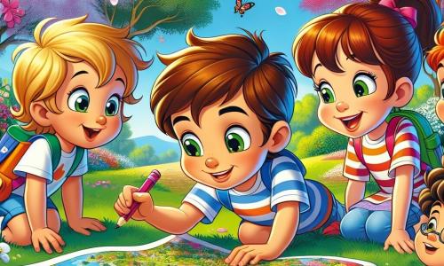 In un parco in piena fioritura, quattro bambini sono riuniti per una caccia al tesoro. Lorenzo, un ragazzo di cinque anni con capelli castani e occhi scintillanti, tiene in mano una mappa colorata, sorridendo con entusiasmo. Alla sua destra, Sara, una ragazza dai capelli biondi con due trecce, osserva attentamente la mappa, i suoi occhi brillano di eccitazione. A sinistra, Giacomo, un ragazzo con capelli castani e una maglietta a righe, sta disegnando una nuova mappa sul suo quaderno, concentrato e felice. Infine, Chiara, una ragazza dai capelli rossi e un vestito a fiori, si inginocchia per ammirare una coccinella sull'erba, meravigliata dalla bellezza della natura. Il parco è un vero quadro primaverile, con alberi in fiore dai petali rosa e bianchi, ciuffi di fiori multicolori che danzano al vento e un cielo blu brillante punteggiato da alcune nuvole soffici. I raggi del sole filtrano attraverso le foglie, creando ombre danzanti sul terreno. I bambini, armati della loro mappa, partono alla ricerca di tesori nascosti nel parco, ridendo e incoraggiandosi a vicenda, pronti a scoprire le meraviglie della natura che li circonda.