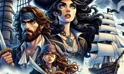 La scena mostra la capitana Isabella "Il Falco" Montoya, una donna di circa trent'anni con capelli neri e ondulati che fluttuano nel vento, indossando un cappello da pirata decorato con piume colorate. Il suo volto esprime una determinazione ardente mentre tiene saldamente il timone della sua nave, l'Aquila Tempestosa, che naviga attraverso un mare agitato. Accanto a lei, Miguel, un uomo di circa 25 anni con una barba bruna e occhi pieni di saggezza, scruta l'orizzonte con uno sguardo concentrato, tenendo una mappa nautica. Più indietro, Lina, una giovane di 18 anni con capelli biondi intrecciati e una spada scintillante, si prepara a dare ordini all'equipaggio, il suo volto che brilla di eccitazione. Il paesaggio è caratterizzato da un mare tumultuoso con onde alte e nuvole scure minacciose nel cielo, mentre l'Aquila Tempestosa, una nave pirata con la prua decorata da teschi, fende le onde con coraggio. La scena principale mostra Isabella, Miguel e Lina in piena battaglia contro una tempesta, determinati a superare le sfide verso l'isola di Smeralda, dove li attende un tesoro inestimabile.