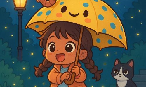 Una bambina di 8 anni, eccitata e meravigliata con due trecce spettinate e il pigiama sotto un piccolo cappotto, tiene sopra la testa un grande ombrello giallo a pois blu aperto; l'ombrello parlante è una creatura rotonda con tela gialla a pois, occhi disegnati e una piccola bocca sorridente che la sovrasta come un compagno; un lombrico poeta marrone, con un minuscolo cappello e una piuma d'erba come penna, è arrotolato sul bordo dell'ombrello mentre declama con aria maliziosa; il gatto Oreste, bianco e nero, siede su un gradino sullo sfondo, indifferente ma curioso; la scena si svolge di notte in un piccolo giardino sul retro con prato, cespugli, un lampione rétro che diffonde luce soffusa, la luna piena e centinaia di lucciole gialle che svolazzano; atmosfera divertente e magica, colori vivaci, contrasti morbidi ed espressioni esagerate e carine.