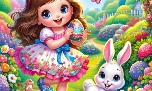A 4-year-old girl named Lily, with long brown hair and sparkling joyful eyes, is searching for Easter eggs in a colorful garden. She wears a pretty pink dress with floral patterns and blue shoes. Her face shows great excitement and a radiant smile. Next to her, an adorable little rabbit with long shiny ears, white fur, and mischievous eyes encourages her to find eggs. It stands on its hind legs, holding a golden egg in its tiny front paws. The garden is an enchanting place, filled with vibrant flowers of all colors, lush bushes, and a clear blue sky. Colorful butterflies flutter around, adding to the magic of the spot. Lily and the rabbit are in action, with Lily bending down to pick up a shiny blue egg hidden behind a bush, while the rabbit smiles and points to another sparkling egg hanging from a branch.