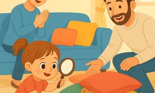 Bambina di 2 anni, allegra e concentrata, capelli castano chiaro raccolti in codina, guance rotonde e occhi grandi, inginocchiata vicino a un mucchio di cuscini con una lente di carta mentre cerca un orsacchiotto. Un orsacchiotto marrone chiaro, un po' sgualcito, emerge parzialmente da una fortezza di cuscini morbidi. Una donna (mamma, circa 30 anni), sorridente, capelli castani raccolti, sta dietro il divano applaudendo dolcemente. Un uomo (papà, circa 32 anni), con leggera barba, è accovacciato accanto al divano, ride e tende la mano per aiutare. Soggiorno luminoso, tappeto beige semplice, divano blu, tavolino in legno con qualche briciola e cuscini colorati impilati. Scena: piccola investigatrice che scopre l'orsacchiotto nascosto sotto i cuscini; atmosfera calda, colori vivaci, linee morbide e texture soffici.