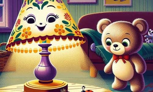 Lila, una lámpara de mesa sonriente con una pantalla de colores, brilla de emoción, sus rayos iluminando la habitación. Está sobre una mesa de madera, rodeada de juguetes. Teddy, un osito de peluche suave y marrón, con un pequeño lazo rojo alrededor del cuello, mira a Lila con curiosidad, sus ojos brillando de determinación. Ambos están en una habitación cálida, decorada con pósters de animales y libros de cuentos, con una alfombra suave en el suelo. La escena muestra a Lila y Teddy en plena investigación, examinando un pequeño insecto escondido bajo un cojín, con sus rostros expresando entusiasmo y aventura.