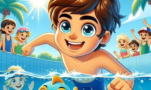 Un ragazzo di 8 anni, Marco, con i capelli castani in disordine e gli occhi scintillanti di gioia, sta nuotando in una piscina soleggiata. Indossa un costume da bagno blu vivo e una piccola cuffia, mostrando un grande sorriso di eccitazione e determinazione. Accanto a lui, un piccolo pesciolino blu di nome Blu, con pinne dorate scintillanti, nuota felicemente nell'acqua, incoraggiando Marco con un'espressione amichevole e giocosa. Sullo sfondo, diversi bambini della sua età, tra cui una ragazza bionda con una cuffia rosa, applaudono e sorridono, mentre un adulto, probabilmente un allenatore, osserva con orgoglio. La scena si svolge in una piscina all'aperto circondata da palme, sotto un cielo blu chiaro, con raggi di sole che danzano sulla superficie dell'acqua, creando un'atmosfera gioiosa e dinamica. Marco, in corsa per toccare il muro della piscina, mostra la sua determinazione a riuscire, mentre Blu lo incoraggia con entusiasmo, simboleggiando amicizia e sostegno.