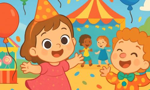 A 2-year-old girl named Mila, with big bright eyes and a radiant smile, wears a sparkling pink dress and a fun hat. She joyfully jumps in the middle of a lively carnival, surrounded by colorful balloons and floating confetti. Next to her is her 3-year-old friend Lucas, with curly hair and a clown costume, laughing as he throws balloons. A group of smiling children dances near a large tent decorated with fairy lights. The place is filled with bright colors, cheerful music, and sweet treat stands. Mila looks for her friends in this sea of joy and laughter, amazed by the lights and sounds of the carnival.