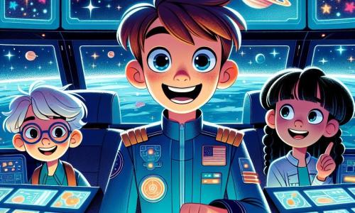 Um homem, Leo, é um piloto espacial corajoso, com cabelos castanhos bagunçados e um uniforme azul brilhante. Ele sorri com orgulho e empolgação, segurando um painel futurista na nave Solaris-7. Ao seu lado, um garoto de 10 anos, Tim, com óculos redondos e cabelos loiros, observa maravilhado as telas que mostram estrelas cintilantes. Uma menina de 9 anos, Mia, com tranças negras e um sorriso radiante, aponta para uma janela onde se veem asteroides coloridos flutuando no espaço. A cena acontece dentro da nave espacial, com luzes brilhantes e painéis de controle cheios de botões luminosos. Do lado de fora, a imensidão do espaço está salpicada de estrelas brilhantes e planetas distantes. A situação principal mostra Leo explicando às crianças como pilotar a nave, enquanto elas se iluminam de empolgação com a ideia da viagem interestelar.