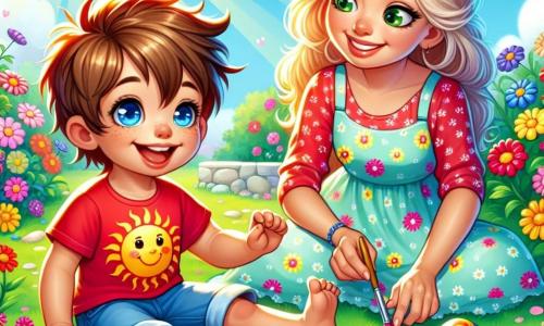 Um menino de 4 anos, Lucas, com cabelos castanhos bagunçados e olhos brilhantes de alegria, está sentado na grama verde, cercado por pedras coloridas que ele acabou de pintar. Ele usa uma camiseta vermelha com estampas de sol e um short azul, e seu sorriso radiante mostra sua empolgação. Ao lado dele, sua mãe, uma mulher de cerca de 30 anos com cabelos longos e loiros, está organizando as pedras pintadas formando um caminho. Ela veste um vestido leve com flores e sorri orgulhosamente ao olhar para seu filho. O jardim é iluminado e ensolarado, com flores multicoloridas dançando ao vento e uma grande árvore sombreada ao fundo. A cena principal mostra Lucas e sua mãe criando juntos um jardim mágico de pedras coloridas, preenchendo o ar com risos e criatividade.