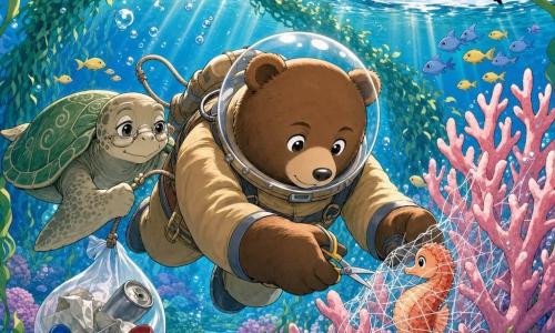 Bento, um grande urso-pardo gentil em roupa de mergulho e máscara bolha, com expressão determinada e segurando tesoura e lanterna, corta delicadamente um pedaço de plástico que prende um pequeno cavalo-marinho coral-alaranjado; Nina, uma tartaruga-marinha idosa de casco verde, nada logo atrás segurando a corda de segurança; Lila, uma gaivota branca e cinza, voa na superfície observando e incentivando; o cenário é um jardim subaquático luminoso com corais rosas e violetas, algas ondulantes, cardumes de peixes amarelos e azuis e raios de luz; o cavalo-marinho parece assustado mas aliviado e alguns detritos (uma lata, um pedaço de plástico e dois tampas) estão recolhidos num saco flutuante ao lado de Bento.