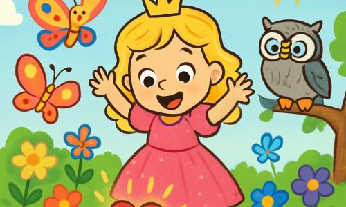 Eine kleine Prinzessin namens Lilli, 6 Jahre alt, mit lockigem, blondem Haar, trägt ein glitzerndes rotes Kleid. Sie hat ein großes, erstauntes Lächeln auf ihrem Gesicht und ihre Augen strahlen vor Aufregung. Sie steht auf einem großen Feld mit bunten Blumen und hebt die Arme in die Luft, bereit zu tanzen. Neben ihr fliegt ein schöner Schmetterling mit bunten Flügeln fröhlich und ermutigt sie mit einem freundlichen Blick. Etwas weiter entfernt sitzt eine weise alte Eule mit grauem Gefieder und runden Brillen auf einem Ast und beobachtet die Szene mit einem wohlwollenden Ausdruck. Der Ort ist ein wunderschöner verzauberter Garten, gefüllt mit leuchtenden Blumen, schwirrenden Schmetterlingen und einem klaren blauen Himmel, der mit flauschigen weißen Wolken gesprenkelt ist. Im Hintergrund strahlt ein Regenbogen-Schloss in der Sonne. Die Hauptsituation zeigt Lilli, die Prinzessin, die ein magisches rotes Herz entdeckt, das im Gras leuchtet, mit einem Ausdruck von Freude und Überraschung auf ihrem Gesicht, bereit, das Herz zu berühren, um ihre normale Größe wiederzuerlangen.