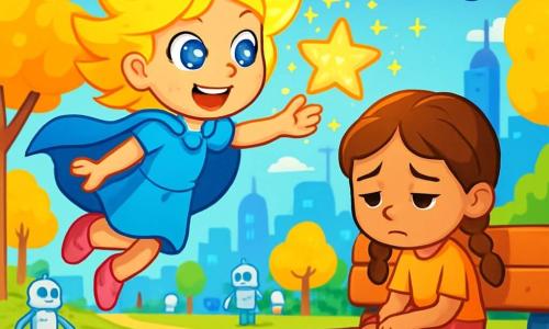 Starlina, a girl with sun-like shining hair and galaxy-sparkling eyes, flies in the sky with a joyful smile. She wears a floating blue cape and makes stars shine around her, illuminating the air with a thousand sparkling glimmers. Beside her, Luna, her 8-year-old best friend, has braided brown hair and a sad face. She sits on a wooden bench, shoulders slumped, looking at the ground, while Starlina approaches her to bring back her smile. The setting is a sunny park in Sky City, with trees having golden leaves, colorful flowers, and shimmering buildings in the background. Friendly robots move around, and flying cars pass in the blue sky. The main situation shows Starlina, full of energy and determination, approaching Luna to encourage her, while a bright star appears in her hand, ready to brighten her friend's day.