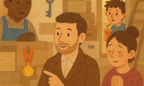 A thirty-something detective with a gentle face and light stubble, focused and calm, wearing a brown trench coat made of textured paper, holds a small notebook and points to a golden medal hanging on a hook, looking relieved and attentive. Behind him to the right stands Nora, about 30, chestnut hair in a messy bun, flushed with shame but relieved, hands clenched and eyes downcast toward the medal as if she just confessed. To the left by the door is Mr. Dune, about 50, weathered, wearing a cap and apron, holding a key on a hook, his expression shifting from surprise to reassurance. A nine-year-old boy, Ben, hair tousled, stands in the doorway holding a lemonade and watches in wonder as a small colorful paper figure. The narrow, bright storage room is a patchwork of cut cardboard, handwritten labels, paper ladders, stacked boxes, a high window casting a warm beam, kraft paper shadows; the Golden Acorn Medal hangs from an autumn-colored ribbon with sticky notes visible (“FOR PRACTICE TODAY”), evoking gentle relief and repair, a simple luminous scene with paper textures, scissors and glue visible to emphasize the collage effect.