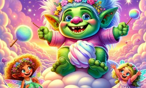 A joyful troll named Grumble, with bright green skin, a large nose, and sparkling star-like eyes, sits on a fluffy cloud, enjoying a huge marshmallow. His face shows great joy as he smiles widely, revealing his small white teeth. Next to him stands an 8-year-old girl named Lily, with curly golden hair shining in the sun, arms raised in excitement. She wears a colorful flower-patterned dress, and her blue eyes sparkle with wonder. Nearby, a small magical being named Twinkle, with large leaf-shaped ears and twinkling eyes, dances joyfully on a cloud, adding a touch of magic to the scene. The setting is in the floating kingdom of Cloudland, where the sky is painted in shades of pink and purple, and rainbows stretch across the horizon. Fluffy, candy-like clouds float around them, creating an enchanted atmosphere. The main focus shows Grumble, Lily, and Twinkle discovering a large shimmering door made of stars and moonlight, ready to lead them on a magical adventure filled with promises and mysteries.