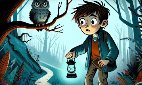 A 10-year-old boy, Elliot, stands at the edge of a winding path in a dark forest. He has messy brown hair, wide eyes filled with wonder and fear, and wears a worn blue sweater and canvas pants. In his hand, he holds a small lantern emitting a mysterious blue glow, illuminating his worried face. Nearby, a blurry silhouette emerges from the mist: a gray-feathered owl with round, piercing eyes perched on a branch, watching Elliot with curiosity. The setting is a dense forest, where gnarled tree trunks rise toward the sky, their twisted branches casting threatening shadows. A thick fog blankets the ground, adding to the mysterious and unsettling atmosphere. Elliot hesitates, looking at the path that splits into three directions, while whispers surround him like echoes of ancient stories. He appears both curious and scared, ready to make a choice that could change his fate.